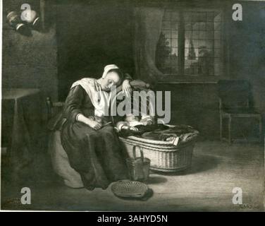 Un dipinto del 1655 di Nicolaes Maes raffigurante una donna addormentata da una culla, che mostra la tranquillità domestica. Questo dipinto a olio su pannelli fa parte di una collezione privata. Foto Stock