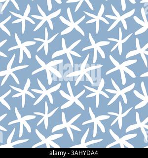 Motivo senza cuciture con stelle marine disegnate a mano su sfondo blu. Design nautico a ripetizione in stile minimalista. Illustrazione Vettoriale