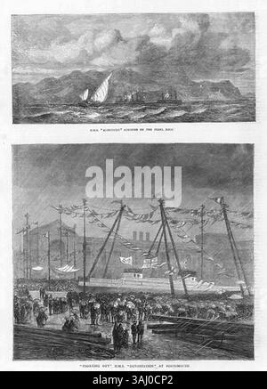 Questa illustrazione del 1871 tratta da The Graphic raffigura navi reali britanniche, tra cui la HMS Agincourt si arenò al largo di Gibilterra e la HMS Devastation che galleggiano fuori Portsmouth, riflettendo la potenza navale britannica nel Mediterraneo. Foto Stock