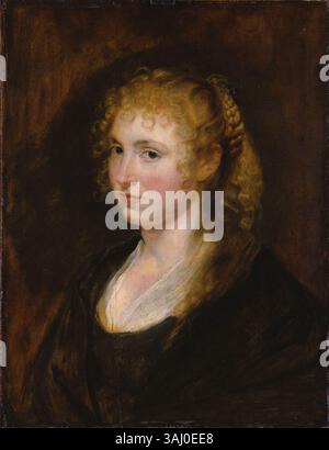 Il ritratto di Peter Paul Rubens raffigura una donna con capelli biondi intrecciati, dipinto intorno al 1620. Questo olio su pannello rappresenta la sapiente gestione della luce e della consistenza di Rubens, catturando l'eleganza e la grazia della sitter in un raffinato stile barocco. L'identità del sitter rimane sconosciuta, aggiungendo un'aria di mistero al pezzo. Foto Stock