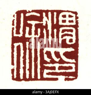 Sigillo cinese tradizionale scolpito in giada, legno o pietra, usato per autenticare documenti e opere d'arte. Il francobollo rosso è un simbolo di proprietà, autorità e identità culturale cinese. Foto Stock