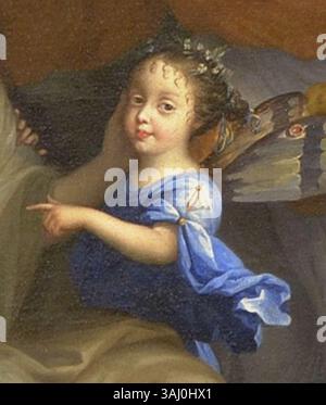 Il ritratto di Jean Nocret del 1670 di Maria Luisa d'Orléans, figlia del duca Filippo II d'Orléans e futura regina consorte di Spagna, la mostra in una posa reale e formale, parte del più grande dipinto "la famiglia di Luigi XIV". Questo olio su tela è conservato al Museo di storia della Francia. Foto Stock