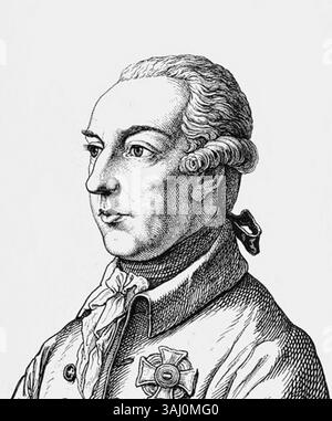 Ritratto di Giuseppe II (1741–1790), imperatore del Sacro Romano Impero, noto per le sue riforme illuministiche, tra cui la tolleranza religiosa e le riforme legali. Il suo regno mirava a modernizzare l'impero ma incontrò resistenza. Questo ritratto fa parte della serie "Two Hundred German Men in Portraits and Biographies" di Ludwig Bechstein. Foto Stock