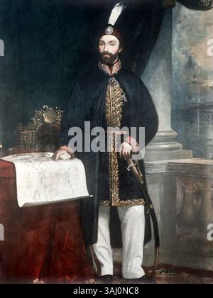 Questo ritratto degli anni '1850 raffigura Abdulmejid i, sultano dell'Impero Ottomano, dipinto a olio su tela. Il ritratto riflette il suo status reale e gli stili artistici del periodo ottomano della metà del XIX secolo. Foto Stock
