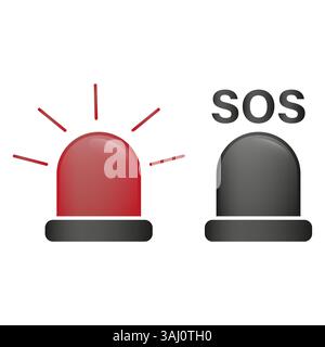 Sirena rossa lampeggiante. Dispositivo SOS nero. Forma allarme allarme. Simbolo del vettore di emergenza. Illustrazione Vettoriale