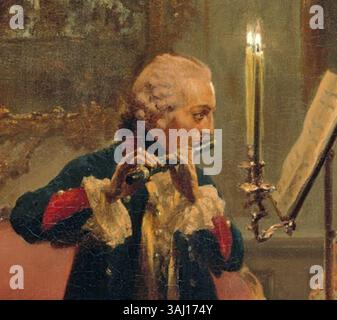 Il dipinto di Adolph Menzel del 1850, "Federico il grande che suona il flauto a Sanssouci", mostra il re Federico II di Prussia che suona il flauto con la sua corte. È esposto nella alte Nationalgalerie. Foto Stock