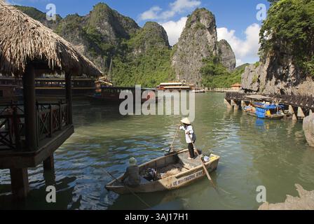 24 luglio 2007 - Vietnam - navi che navigano nella baia di ha Long vicino alla grotta di Hang Sung Sot. Un arrampicatore indica le scogliere calcaree nella baia di ha Long, in Vietnam. Giunchi nella baia di ha Long nel Vietnam visti dall'ingresso della grotta di Hang Sung Sot. La baia di ha Long ha migliaia di formazioni calcaree in salita. (Immagine di credito: © Sergi Reboredo via ZUMA Wire) Foto Stock
