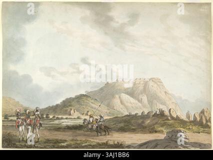 Questo disegno ad acquerello e penna e inchiostro dei primi anni '1790 mostra una scena a Nandidrug, Mysore, con tre soldati inglesi in primo piano e due cavalieri indiani sullo sfondo. Faceva parte della serie Views in the Mysore Country di Sir Alexander Allan. Foto Stock