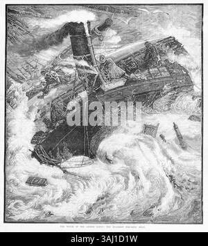 Questa incisione in legno del 1883 di Alfred Martin Ebsworth mostra il relitto del George Roper, con il "Blackboy" in fuga. L'incisione cattura il momento delle conseguenze del naufragio, evidenziando la scena drammatica mentre un'altra nave, il "Blackboy", inizia a liberarsi dal relitto. Foto Stock