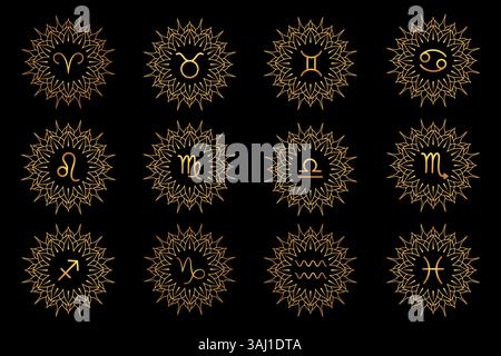 Collezione di insegne zodiacali in stile art di linea Illustrazione Vettoriale