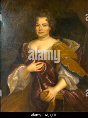 Questo ritratto, attribuito a Hyacinthe Rigaud o alla sua scuola, raffigura Elisabetta Carlotta, Principessa Palatina, Duchessa d'Orleans. Il dipinto ad olio del XVII secolo cattura il suo status reale e l'eleganza. Foto Stock