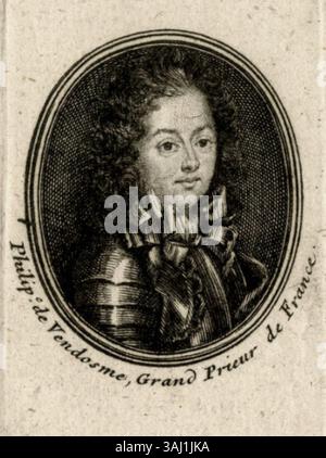 Questa incisione tra il 1678 e il 1730 ritrae Filippo, duca di Vendôme, figlio di Luigi, duca di Vendôme. Sottolinea il suo ruolo di Gran Priore di Francia, una figura militare e nobile durante la fine del XVII secolo. Foto Stock
