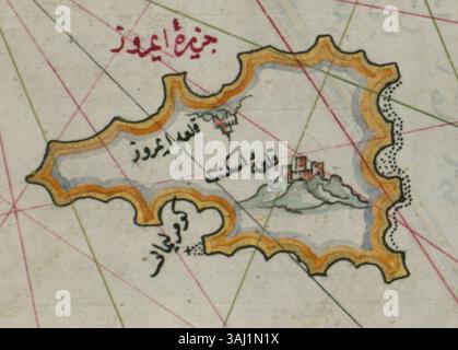 Questa mappa creata da Piri Reis nel 1555 raffigura l'isola di Imroz (Gölçeda) e fa parte della sua celebre collezione di mappe del mondo. Rappresenta la conoscenza cartografica del XVI secolo. Foto Stock