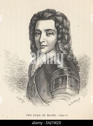 Incisione di Luigi Augusto, duca del Maine (1670-1736), figlio di Luigi XIV di Francia, creato da Etienne Antoine Eugène Ronjat nel XIX secolo. Il ritratto mostra la figura reale francese in un'incisione dettagliata. Foto Stock