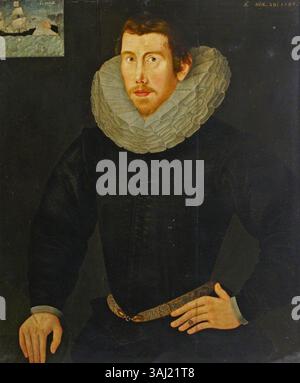 Un ritratto di un ignoto gentiluomo, un tempo ritenuto essere Charles Blount, conte di Devonshire, dipinto intorno al 1596. L'opera d'arte a olio su tavola fa parte della collezione Royal Museums Greenwich, che riflette lo stile inglese del XVI secolo. Foto Stock