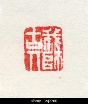 Questo sigillo tradizionale cinese, scolpito in giada, pietra o legno, è usato per autenticare documenti e opere d'arte. Stampato con inchiostro rosso, rappresenta la proprietà, l'autorità e il significato storico del patrimonio culturale cinese. Foto Stock