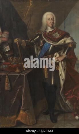 Un ritratto di Cristiano vi di Danimarca, creato da Johann Salomon Wahl. Il dipinto cattura la somiglianza del re durante il suo regno all'inizio del XVIII secolo, mostrando il suo aspetto regale. Foto Stock