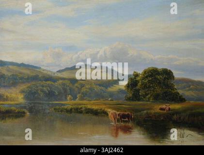 Questo dipinto della British School, "paesaggio con bestiame e lago", è un dipinto ad olio che raffigura una scena pastorale con bestiame che pascolano vicino a un lago. Il paesaggio cattura la tranquillità della vita rurale nel XIX secolo. Foto Stock