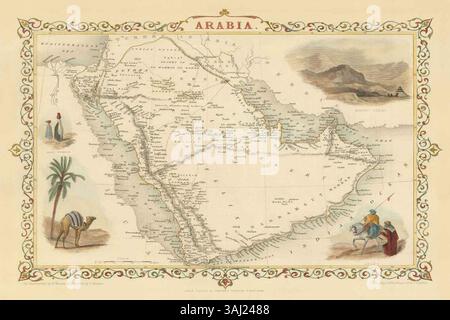 Questa mappa storica dell'Arabia del 1851 di John Rapkin, prodotta da Tallis & Rapkin, fornisce una rappresentazione dettagliata della penisola araba, con punti di riferimento geografici e confini politici come erano stati intesi a metà del XIX secolo. Foto Stock