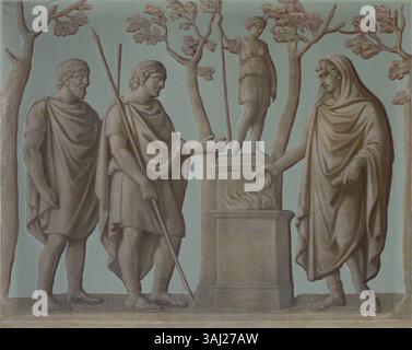 Un dipinto raffigurante la scena sacrificale alla dea romana Diana, ispirato all'Arco di Costantino, creato tra il 1759 e il 1769. L'opera d'arte, olio su tela, riflette il tema classico dei rituali romani e il divino. La scena include figure che eseguono rituali, onorando Diana, con dettagliate architetture classiche sullo sfondo. Foto Stock