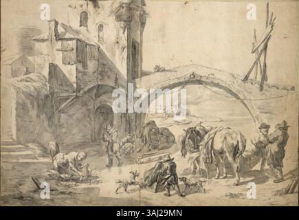 La rappresentazione di Pieter van Bloemen del XVII-XVIII secolo di una porta della città e di un ponte su un fossato durante l'inverno, con le persone sul ghiaccio ghiacciato. L'opera d'arte è realizzata in grigio e grigio-brunastro su una matita di grafite, riflettendo una serena scena invernale. Foto Stock