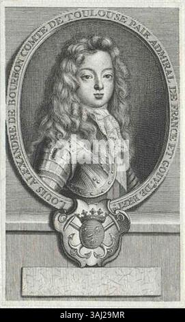 Questa incisione presenta Luigi Alessandro di Borbone, conte di Tolosa, raffigurante il figlio di Luigi XIV e Madame de Montespan. Creata tra la fine del XVII e l'inizio del XVIII secolo, questa incisione ritratto cattura le caratteristiche nobili del conte e lo status aristocratico in Francia. Foto Stock