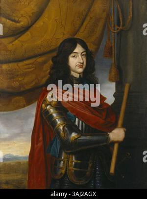 Ritratto di re Carlo II (1630-1685) da giovane in esilio, dipinto intorno al 1650 dallo studio di Gerrit van Honthorst. L'olio su tela raffigura la giovinezza del monarca durante il suo esilio. Foto Stock