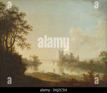 Un dipinto nello stile di Richard Wilson, raffigurante un castello in rovina accanto a un lago tranquillo. L'opera d'arte a olio su tavola rappresenta l'arte paesaggistica britannica del XVIII secolo. Foto Stock