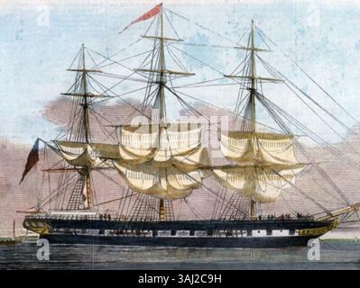 Questa illustrazione dell'edizione 1853 del The Illustrated London News raffigura "The Dunbar", una nave della New East Indiaman. L'incisione colorata a mano cattura il design dettagliato dell'imbarcazione prima del suo naufragio nel 1857. Foto Stock