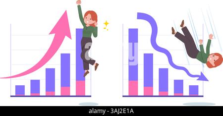 Un gruppo di donne rosse che esprimono prestazioni migliori e prestazioni ridotte. La grafica vettoriale è così facile da modificare. Illustrazione Vettoriale