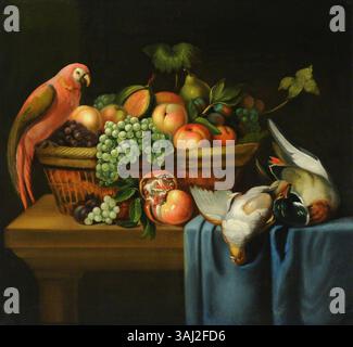 Un dipinto di natura morta raffigurante un pappagallo, un frutto e uccelli morti, creato tra il 1700 e il 1720. Questo olio su tela fa parte della collezione del National Trust. Foto Stock