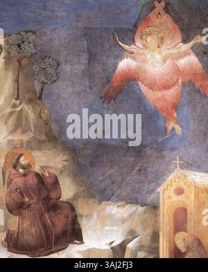 L'affresco di Giotto, "stigmatizzazione di San Francesco", dipinto prima del 1337, fa parte del ciclo "leggenda di San Francesco" situato nella Basilica superiore di San Francesco d'Assisi. Esso raffigura il momento in cui San Francesco riceve le stigmate. Foto Stock