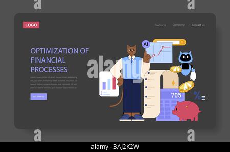 L'INTELLIGENZA ARTIFICIALE migliora i processi finanziari attraverso l'automazione e l'analisi dei dati. I sistemi intelligenti semplificano il budget e le previsioni, promuovendo l'efficienza e la precisione nella finanza moderna. Illustrazione vettoriale. Illustrazione Vettoriale
