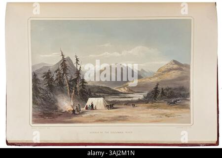 Questa litografia di Henry James Warre, creata nel 1848, illustra la sorgente del fiume Columbia, parte dei suoi "schizzi nel Nord America e nel territorio dell'Oregon". L'immagine mostra il paesaggio naturale del Nord-ovest Pacifico. Foto Stock