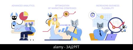 L'integrazione DELL'INTELLIGENZA ARTIFICIALE nelle aziende di medie dimensioni migliora i processi attraverso analisi avanzate, ottimizzazione del marketing e maggiore flessibilità, favorendo efficienza e innovazione per un migliore processo decisionale. Illustrazione Vettoriale