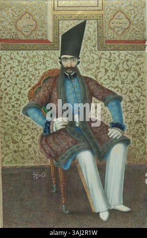 Questo ritratto del 1878 di Nasir al-DIN Shah, il sultano Qajar di Persia, evidenzia l'aspetto dignitoso del sovrano. Creata con gouache e oro su cartone, l'opera riflette l'opulenza e lo stile dettagliato della ritrattistica Qajar. Foto Stock