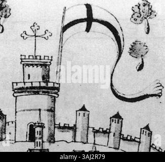 La Torre Galata, raffigurata nella mappa di Costantinopoli del 1475, è un punto di riferimento iconico nella storia della città. Parte del manoscritto Liber insularum Arpelagi, la mappa evidenzia la posizione della torre e il suo significato nel paesaggio urbano della città durante la fine del XV secolo. Foto Stock