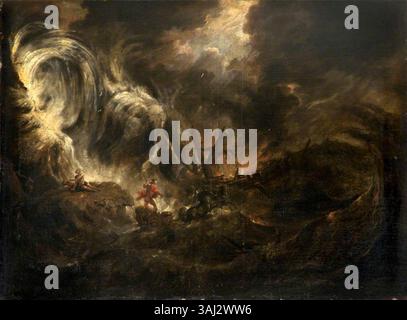 Un dipinto del XVI secolo raffigurante una tempesta in mare con Nettuno nel suo carro, mentre Ulisse viene gettato via su una roccia. Questo olio su tela illustra una scena della mitologia greca. Foto Stock