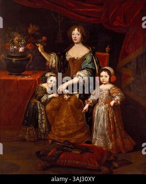 Un ritratto di Elisabetta Carlotta, Principessa Palatina, Duchessa d'Orléans, con suo figlio Filippo, poi reggente di Francia, e la figlia Elisabetta, poi duchessa di Lorena. Dipinto su Pierre Mignard, riflette l'importanza della famiglia reale nel XVII secolo, enfatizzando il loro status nobile e i legami familiari. Foto Stock