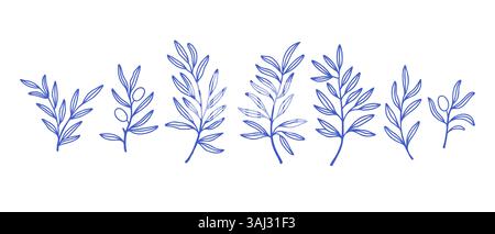 Set di rami d'ulivo. Collezione di foglie e rami isolanti in stile art di linea. Cucina italiana. Un simbolo di pace. Segno religioso greco. Oliva Illustrazione Vettoriale