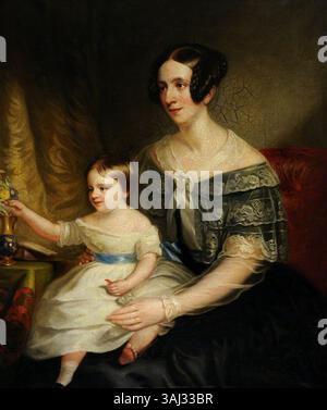 Questo ritratto raffigura una donna sconosciuta, forse Jane Whittaker, Lady Crewe, con uno dei suoi figli. Dipinto tra il 1840 e il 1845, offre uno sguardo alla ritrattistica vittoriana e alla rappresentazione familiare. Foto Stock