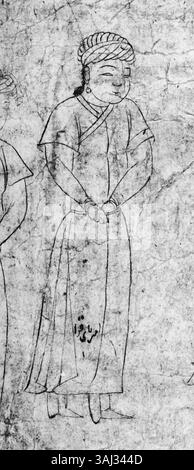 Una raffigurazione di Amir Bayqara alla corte timuride, risalente al 1420 circa. Il manoscritto ritrae l'influente sovrano che partecipa ad un raduno reale all'interno della corte dell'Impero timuride. Foto Stock