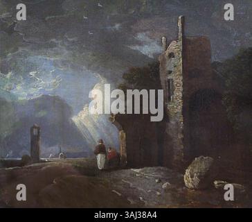 Questo dipinto di paesaggio raffigura due figure di una torre in rovina, creata tra il 1770 e il 1779 nello stile di Richard Wilson. È un olio su tela della collezione del National Trust. Foto Stock