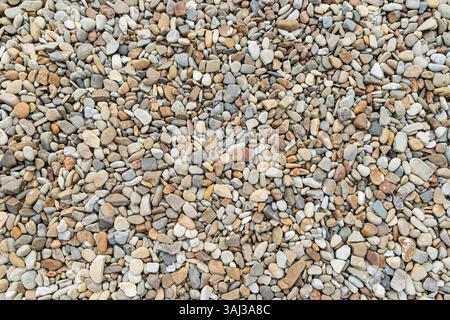 Sfondo delle pietre di ghiaia. Una foto dettagliata di una collezione di piccoli sassi di ciottoli distribuiti uniformemente, creando un effetto naturale e ruvido Foto Stock