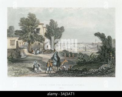 Stampa raffigurante la città di Tunisi come si vede dall'Eftoor di Saneeah, catturando la grandezza della città con i suoi edifici bianchi, moschee e minareti. Questa opera proviene da viaggi in Grecia e Turchia di Sir Grenville Temple (1843). Foto Stock