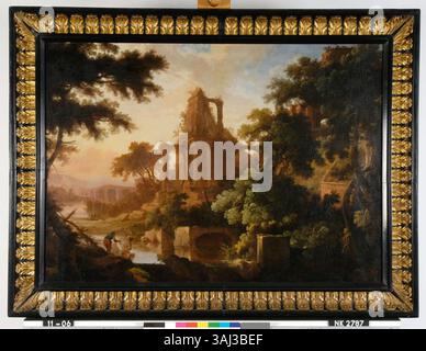 "Landschap met klassieke ruines" di Pierre-Antoine Patel è un dipinto di paesaggio del 1695 con rovine classiche. L'opera a olio su tela combina paesaggio naturalistico con elementi di antichità classica, caratteristici dell'arte europea del XVII secolo. Foto Stock