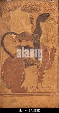 Le placche Boccanera, datate al 560-550 a.C., fanno parte della collezione etrusca di Cerveteri, esposta al British Museum di Londra. Queste placche riflettono le tradizioni artistiche dell'Etruria e forniscono un prezioso contesto storico e culturale dell'epoca. Foto Stock