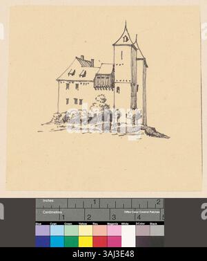 Questa immagine mostra una vista esterna del castello di Gottlieben, in Svizzera, come parte di uno studio architettonico storico. Il disegno, realizzato tra il 1860 e il 1895, cattura le principali caratteristiche architettoniche della struttura. Foto Stock