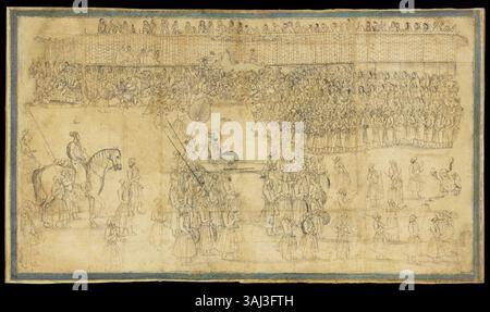 Un disegno raffigurante il principe Azam Shah, figlio dell'imperatore Mughal Aurangzeb, entrato ad Ahmedabad nel 1701. Azam Shah viene mostrato essere portato in un palanchino, mentre suo figlio segue a cavallo. I cittadini si riuniscono per guardare e cercare le monete gettate dal principe. Foto Stock
