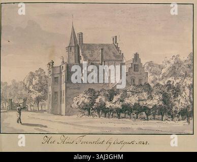 Questa mappa del XVIII secolo di Atlas Schoemaker raffigura la regione di Zuid-Holland, incluso il villaggio di Toornvliet vicino a Oegstgeest. Fa parte di una collezione che mostra le città olandesi, i villaggi e gli edifici importanti del XVIII secolo. Foto Stock